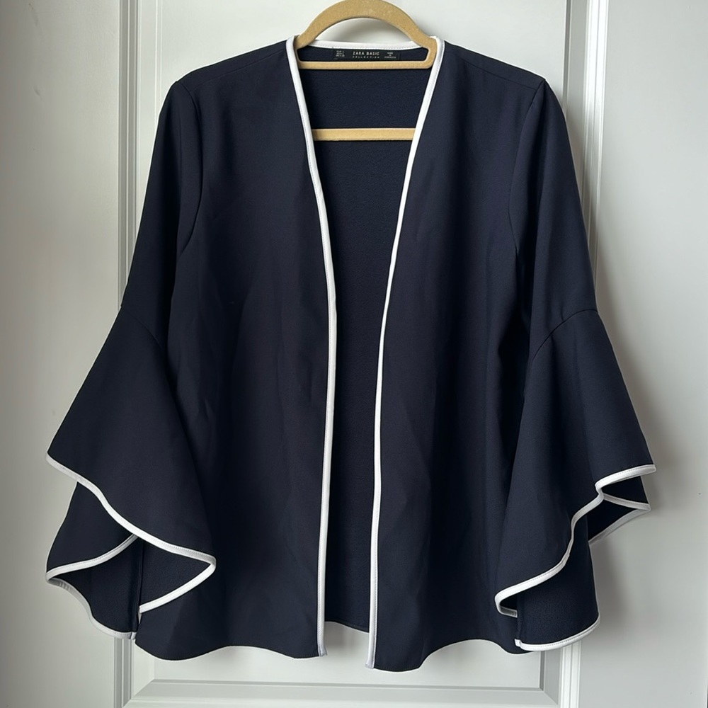 Zara Basic Navy Blue Bell Sleeve Open Front Jacket White Piping Trim Blazer L
